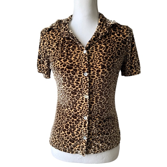 Vintage Y2K velour cheetah leopard print button‎ up shirt sleeve shirt - Picture 1 of 9